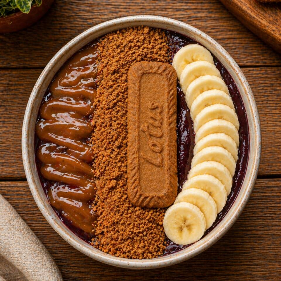 Bowl 550ml • Tamanho Grande Açaí cremoso com Biscoff® triturado, bolacha Biscoff® inteira no centro, banana fatiada e finalizado com calda generosa de caramelo, criando uma combinação intensa, crocante e extremamente cremosa. Um açaí com pegada de sobremesa premium, marcante do começo ao fim. Para quem quer sair do básico e provar algo realmente diferenciado.