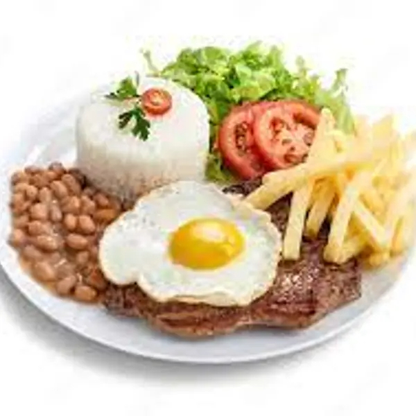 Bife de contra file, ovo frito, acompanha arroz, feijão, farofa e fritas