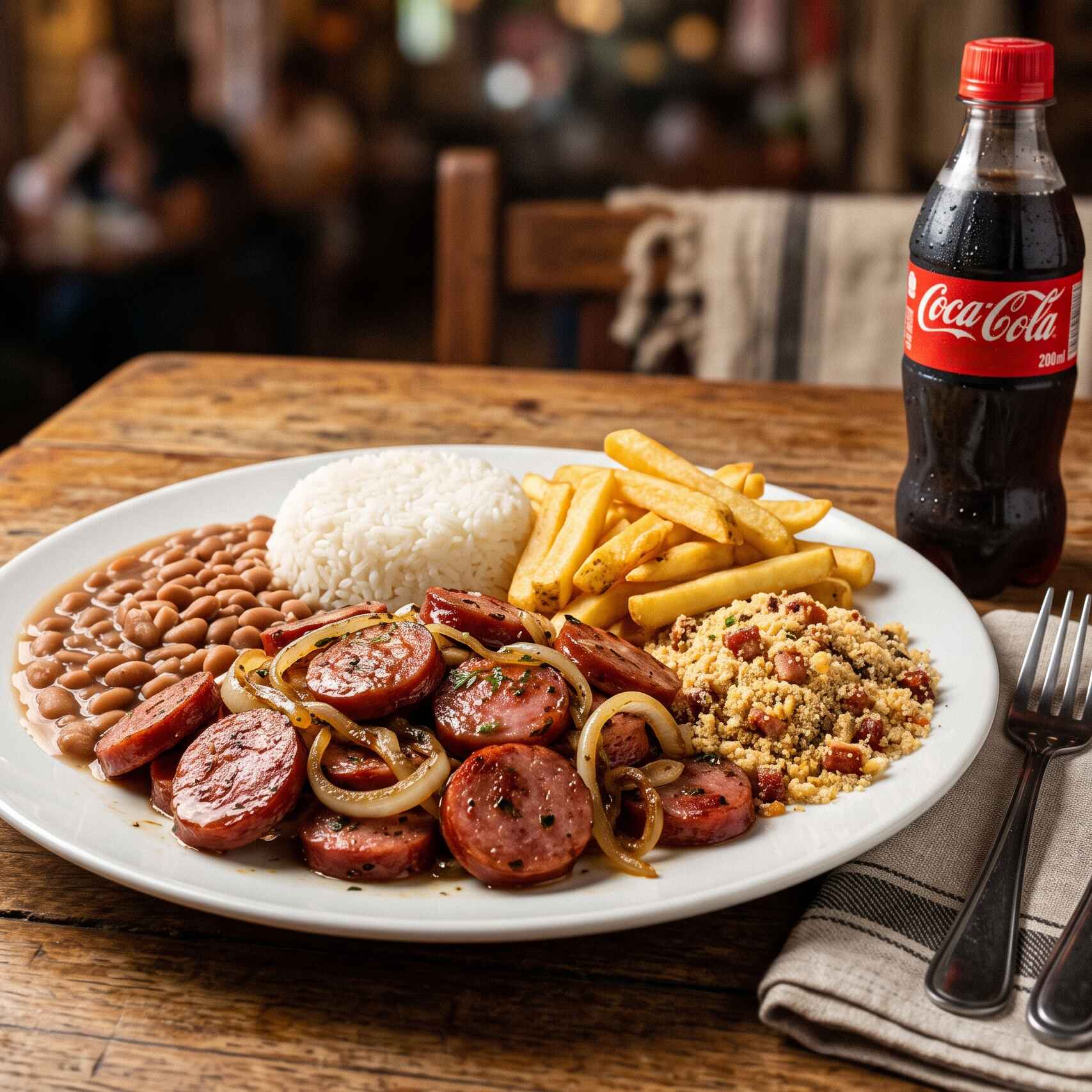 Saborosa e reconfortante, a 'Calabresa Acebolada + Coca Cola 200ml' uma generosa porção de calabresa suculenta, delicadamente acebolada, harmonizando perfeitamente com o arroz soltinho e o feijão fresquinho. Para completar essa experiência gustativa, temos uma farofa crocante e batatas fritas douradas e sequinhas, E uma refrescante Coca-Cola de 200 ml.
