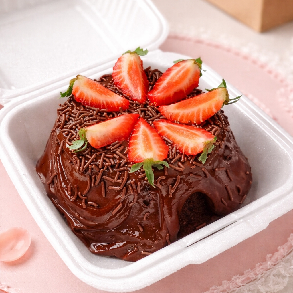 Massa Chocolate + cobertura de brigadeiro 50% cacau + morangos