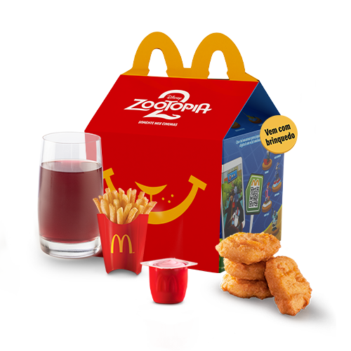 O McLanche Feliz acompanha 4 chicken McNuggets com tomatinho ou McFritas como acompanhamento, uma refrescante bebida e Petit Suisse do Méqui como sobremesa. Brinquedo sujeito a disponibilidade de estoque por restaurante. Confira informações nutricionais e