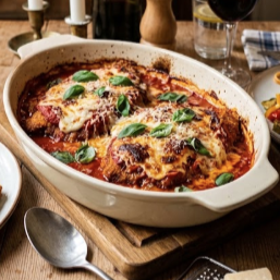 Filet de carne empanado e gratinado com queijo e acompanhado de macarrão linguini grano duro ao molho pomodoro e batata frita.