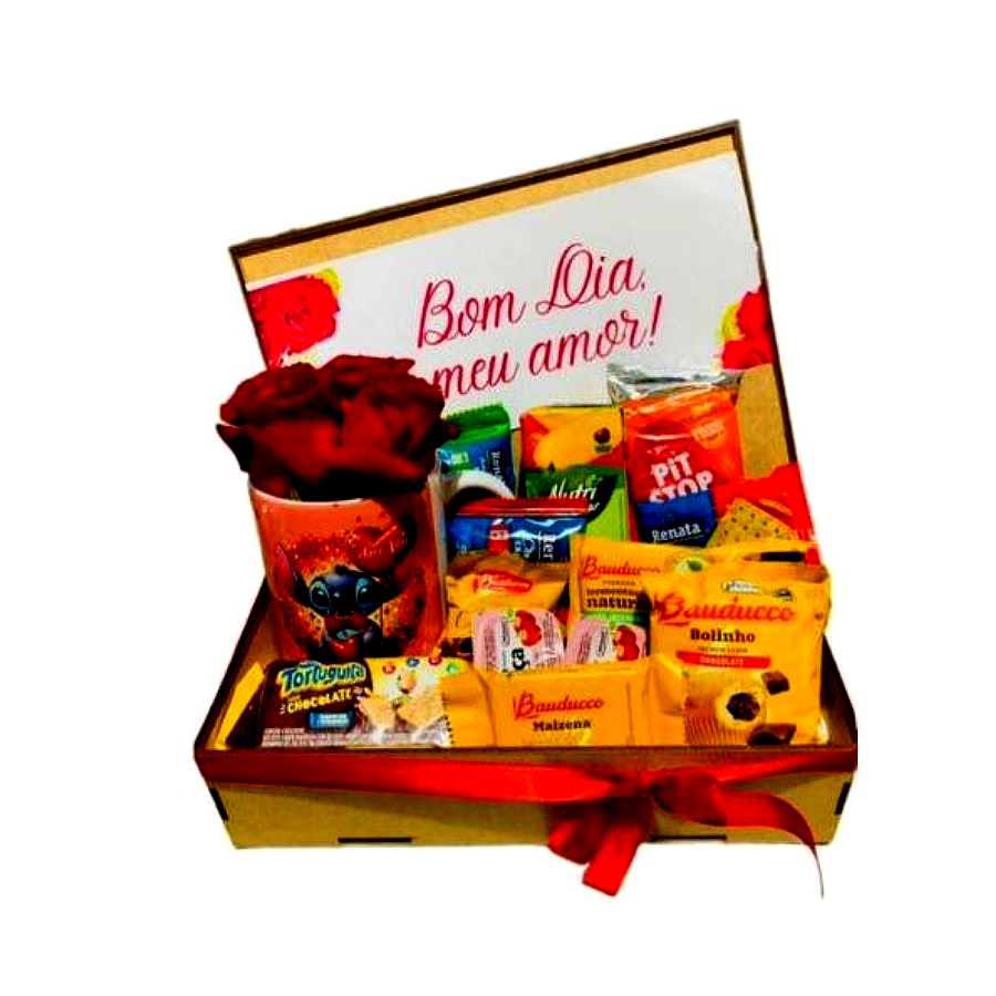 Bolinho, bolachas doces e salgadas, café e suco,1caneca personalizada