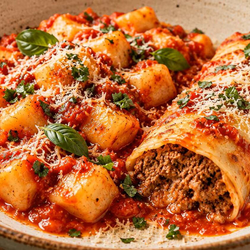 Nhoque Massa de Batata + 1 unidade de panqueca de carne ao molho a sua escolha + parmesão por cima peso final aproximadamente 430g (serve 1 pessoa)