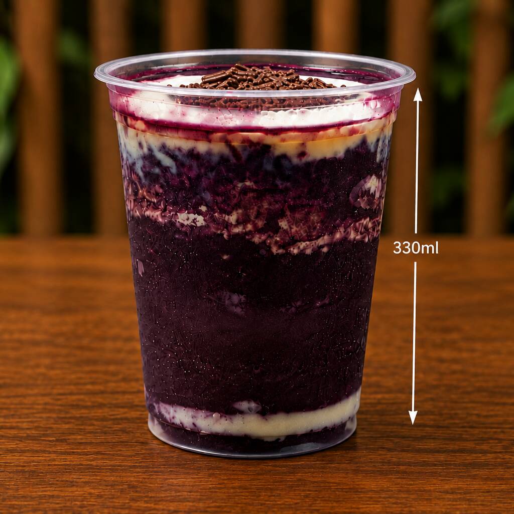 "Copo de 330ml montado com nosso açaí cremoso e granulado de chocolate. A base perfeita pronta para receber o seu toque especial!
(Aviso: Contém apenas açaí e granulado de chocolate. Para turbinar seu copo, adicione seus complementos preferidos na seção de adicionais). "
