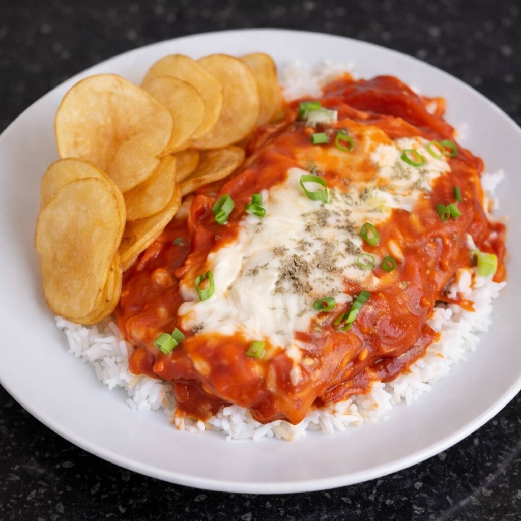 Filé empanado e crocante de frango com molho artesanal de tomate e mussarela + arroz soltinho e batatinha chips. no capricho