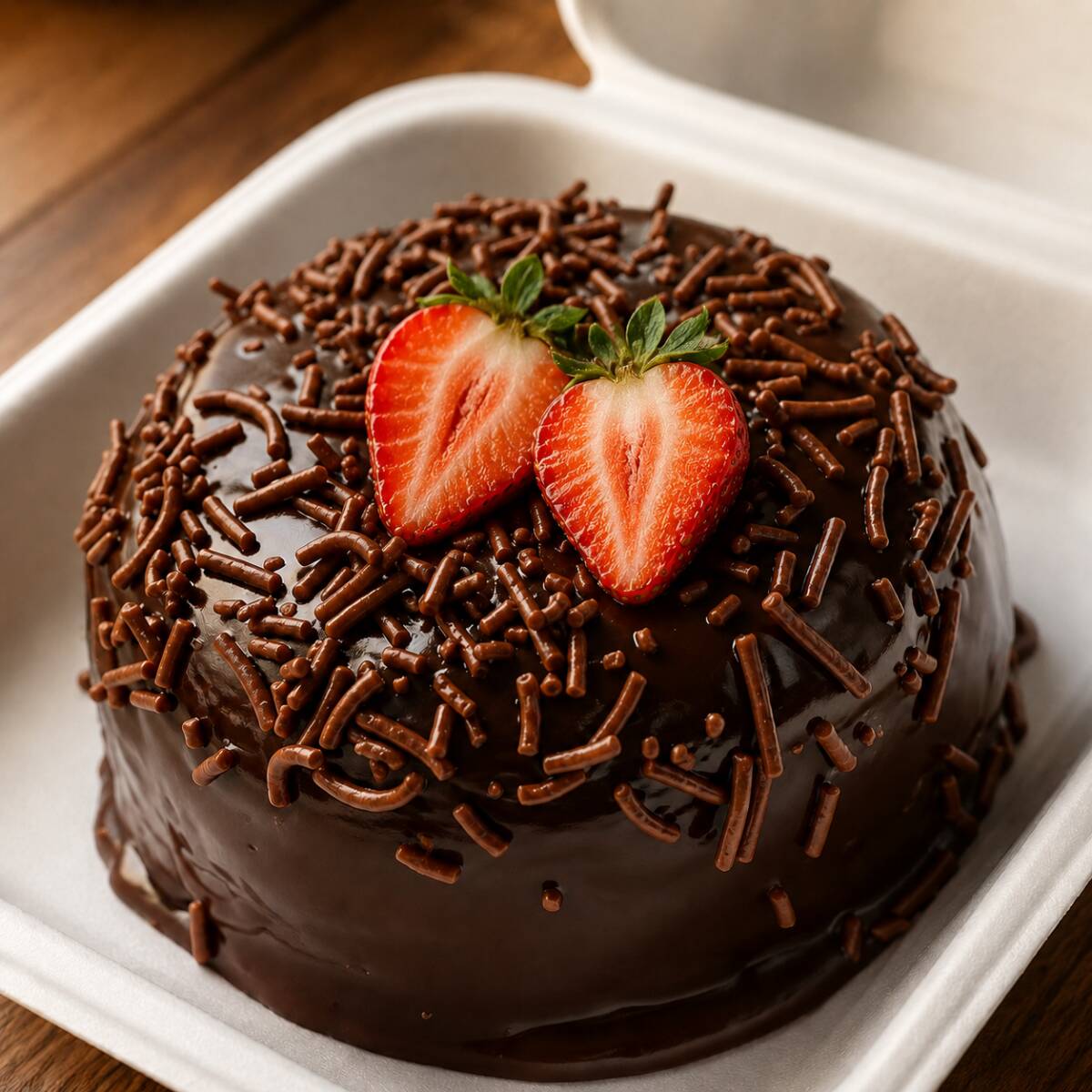 Mini bolo vulcão com massa fofinha de chocolate, com recheio de brigadeiro cacau 50% e morangos picados com granulado.