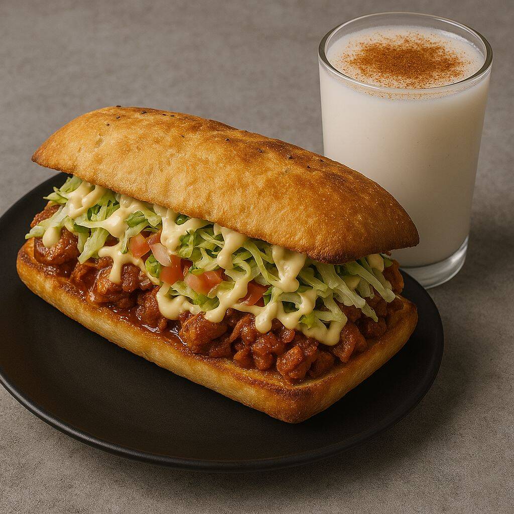 Torta de pastor + agua de horchata
