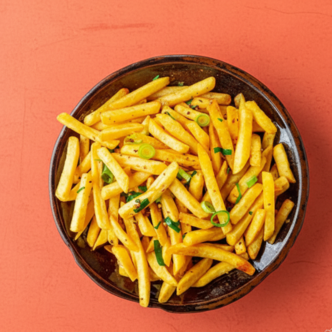 Batatas fritas, temperadas com alho e cebolinha.