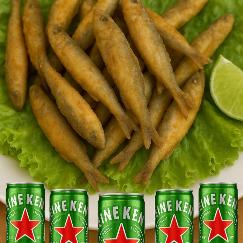 Manjubinha frita 800gr + 05 latas de Heineken 269ml. Cortesia: fritas, cebola empanada, sachês de pimenta, catchup, maionese, molho especial da casa e limão.