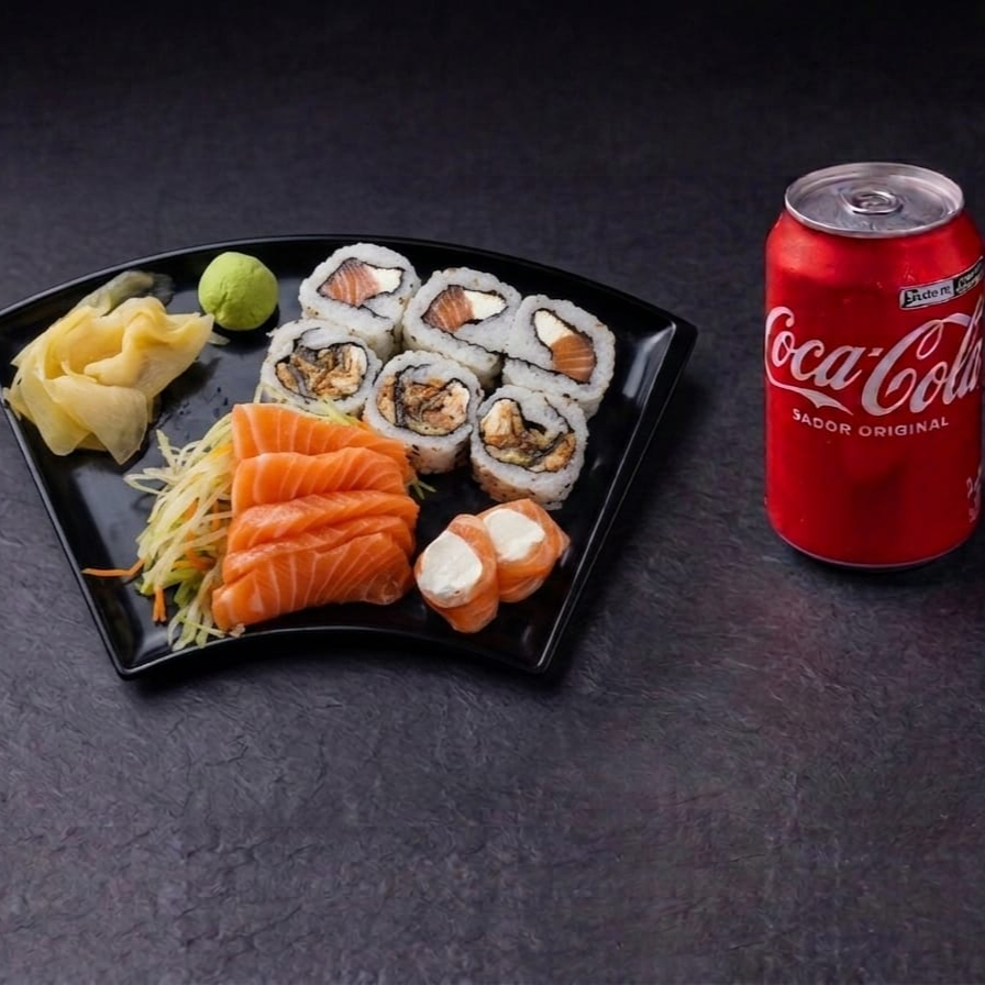 5 SASHIMIS DE SALMÃO,2 GUNKANS DE SALMÃO ,2 NIGUIRIS DE SALMÃO ,3 URAMAKI FILADELFIA, 3 URAMAKI SKIN , 1 Guaraná LATA - 350 ML (IMAGEM ILUSTRATIVA )