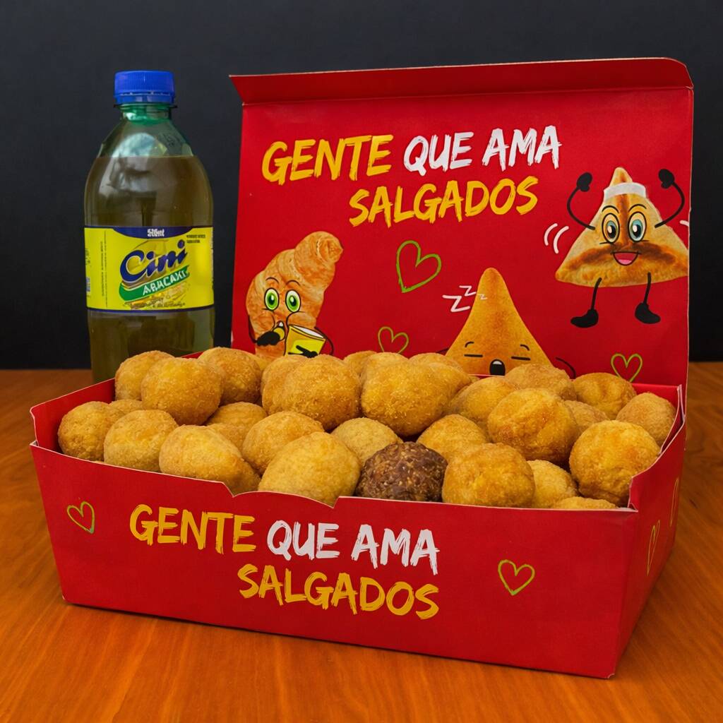 Contém 70 Salgadinhos Crocantes + Refri (2 Litros). Salgados fritos na hora em óleo de algodão e entregues quentinhos, com o padrão de qualidade Lari Salgados. Perfeitos para matar sua fome!