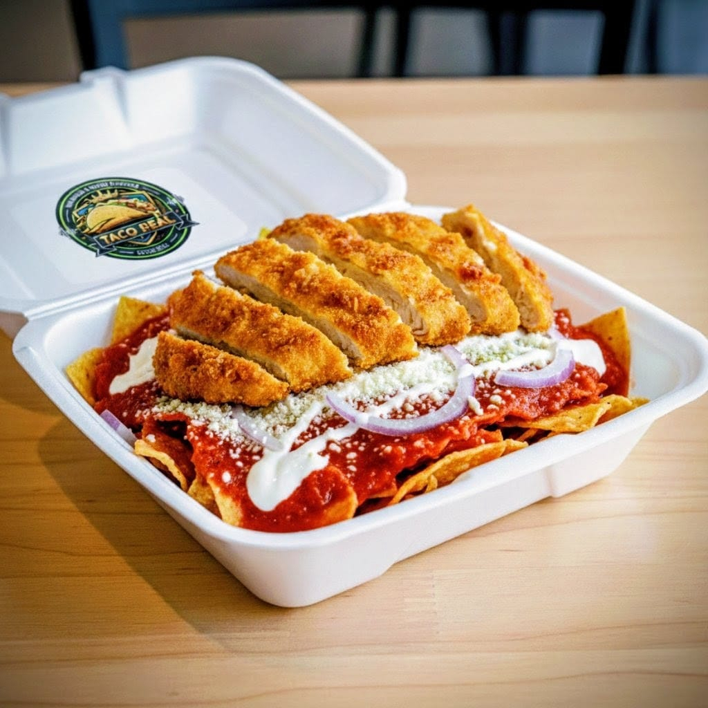 Chilaquiles rojos con milanesa