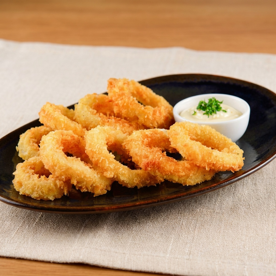Anéis de lulas empanado servidos com molho especial