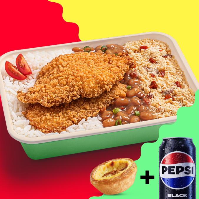 Filé de frango empanado e bem acompanhado: com um delicioso arroz, um feijão bem saboroso, salsinha, cebolinha, tomate-cereja e uma farofa de bacon que dispensa comentários. Até porque não dá pra falar de boca cheia, né? Acompanha 1 Refrigerante Lata + 3 Minichurros de Doce de leite ou 1 Pastel de Belém. Só vem!