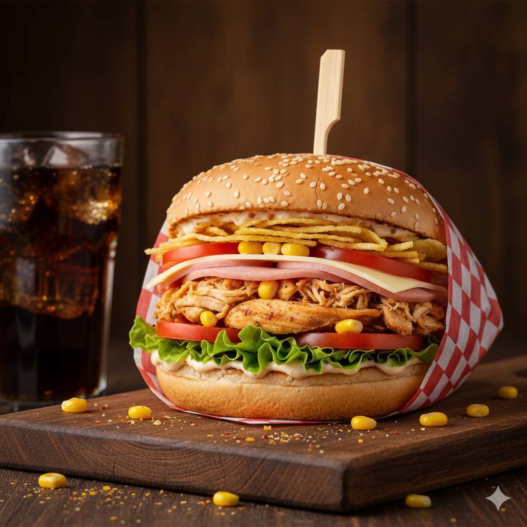 Pão, Frango, Presunto, Mussarela, Milho, Tomate, Alface, Batata Palha