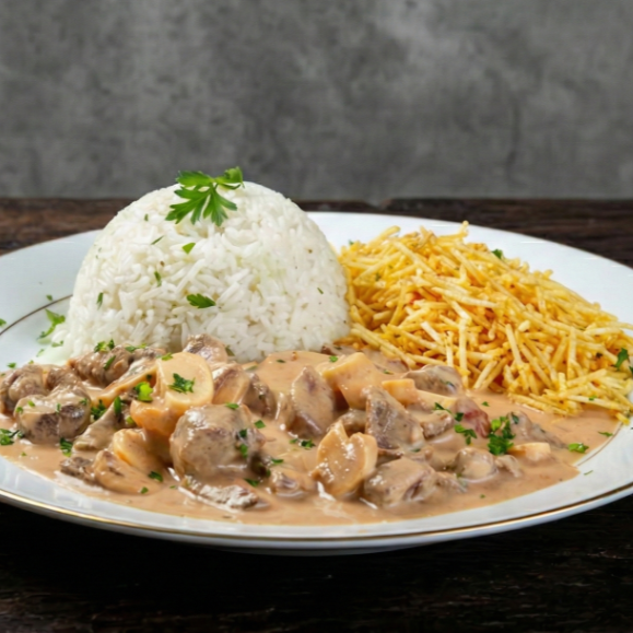 Tiras de carne macias no molho cremoso e saboroso, acompanhadas de arroz soltinho e batata palha crocante. Conforto em forma de prato.