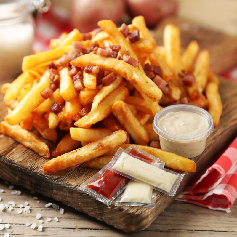 batata frita g com bacon , saches e molho da casa