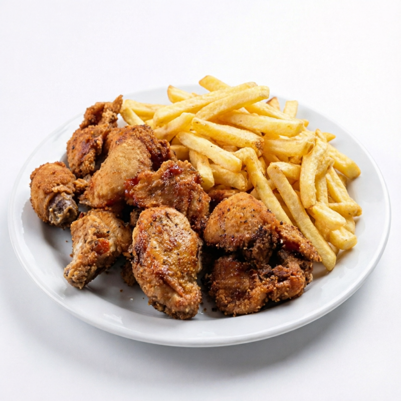 1kg de frango a passarinho temperado com 600gr de fritas