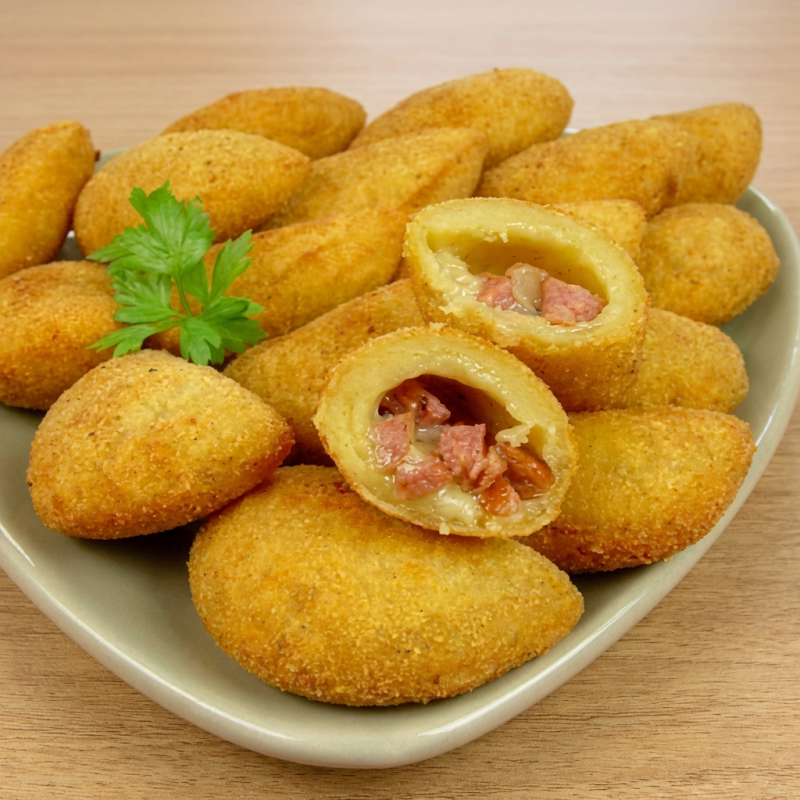 Salgadinho recheado com Linguiça Calabresa acompanhada de Queijo mussarela. 20 gramas