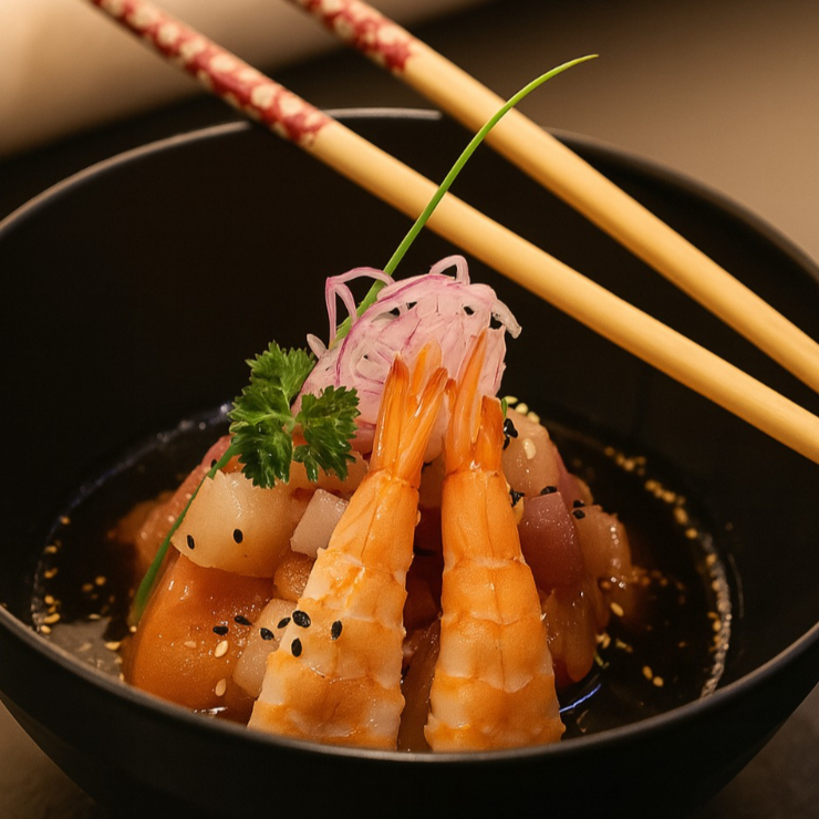 Tataki de camarões, cubos de atum, salmão, saint-peter e polvo, preparados com molho especial da casa e gergelim torrado.