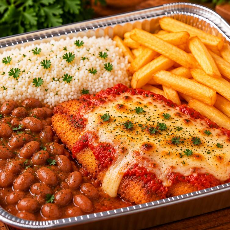 Filé de tilápia empanado, crocante por fora e macio por dentro, coberto com molho de tomate e queijo derretido. Acompanha arroz branco, feijão caseiro e batata frita crocante. Uma opção caprichada e cheia de sabor!