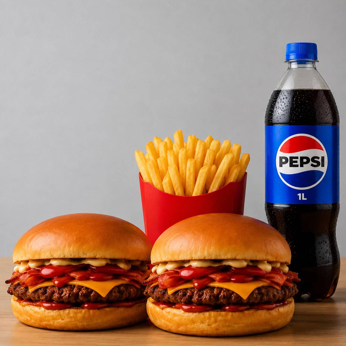 2 Lanches - Pão Gergelim, carne, bacon e maionese da casa + 1 batata cheddar e bacon + 1 Pepsi 600ml
