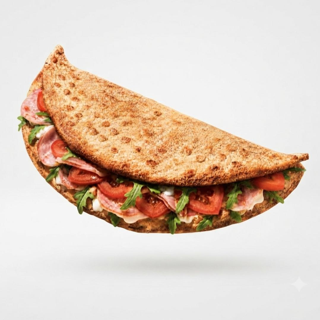 Crocante por fora, quentinho e super recheado por dentro. Massa de pizza artesanal pré-assada e crocante, recheada com calabresa, muçarela, tomate, maionese, rúcula e finalizada ao forno.