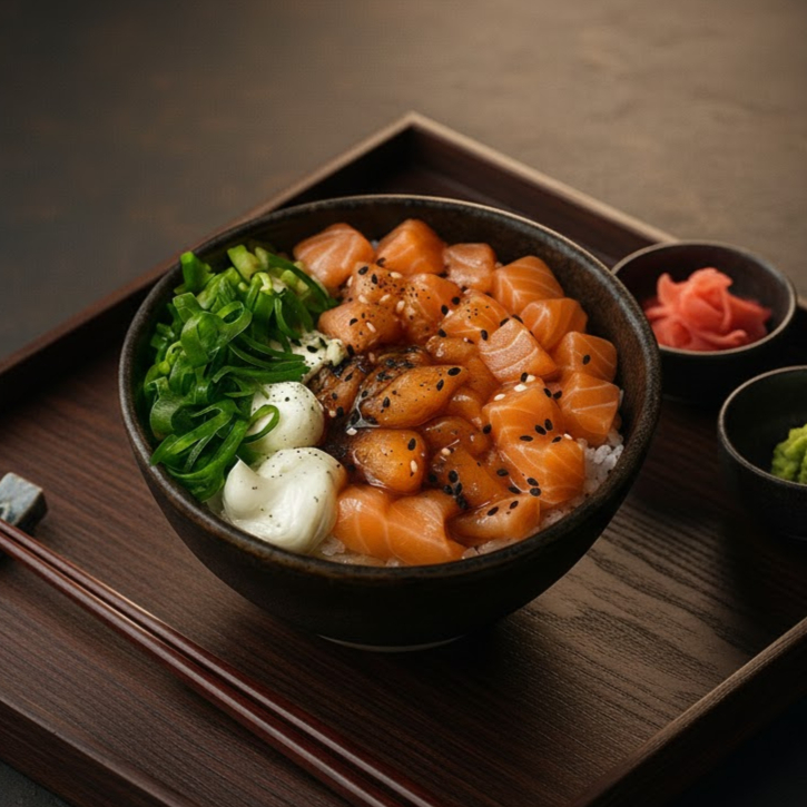 Deliciosos cubos de salmão, cream cheese, arroz temperado, molho teriyaki, cebolinha e gergelim torrado.