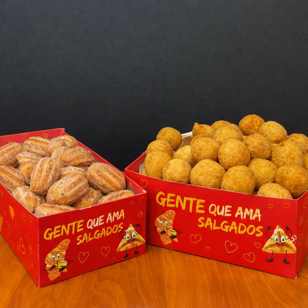 Contém 30 Salgadinhos
Crocantes + 10 Mini Churros de Doce de Leite Premium. Fritos na hora em óleo de algodão e entregues quentinhos, com o padrão de qualidade Lari Salgados. Perfeitos para matar sua fome!