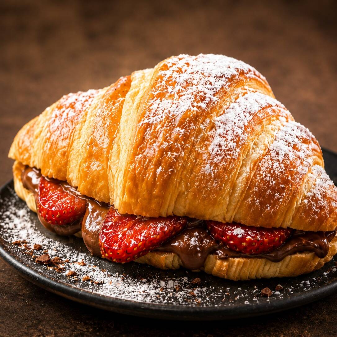 Nosso croissant amanteigado, levemente crocante por fora e macio por dentro, recheado com nosso delicioso creme de avelã e pedaços de morango.