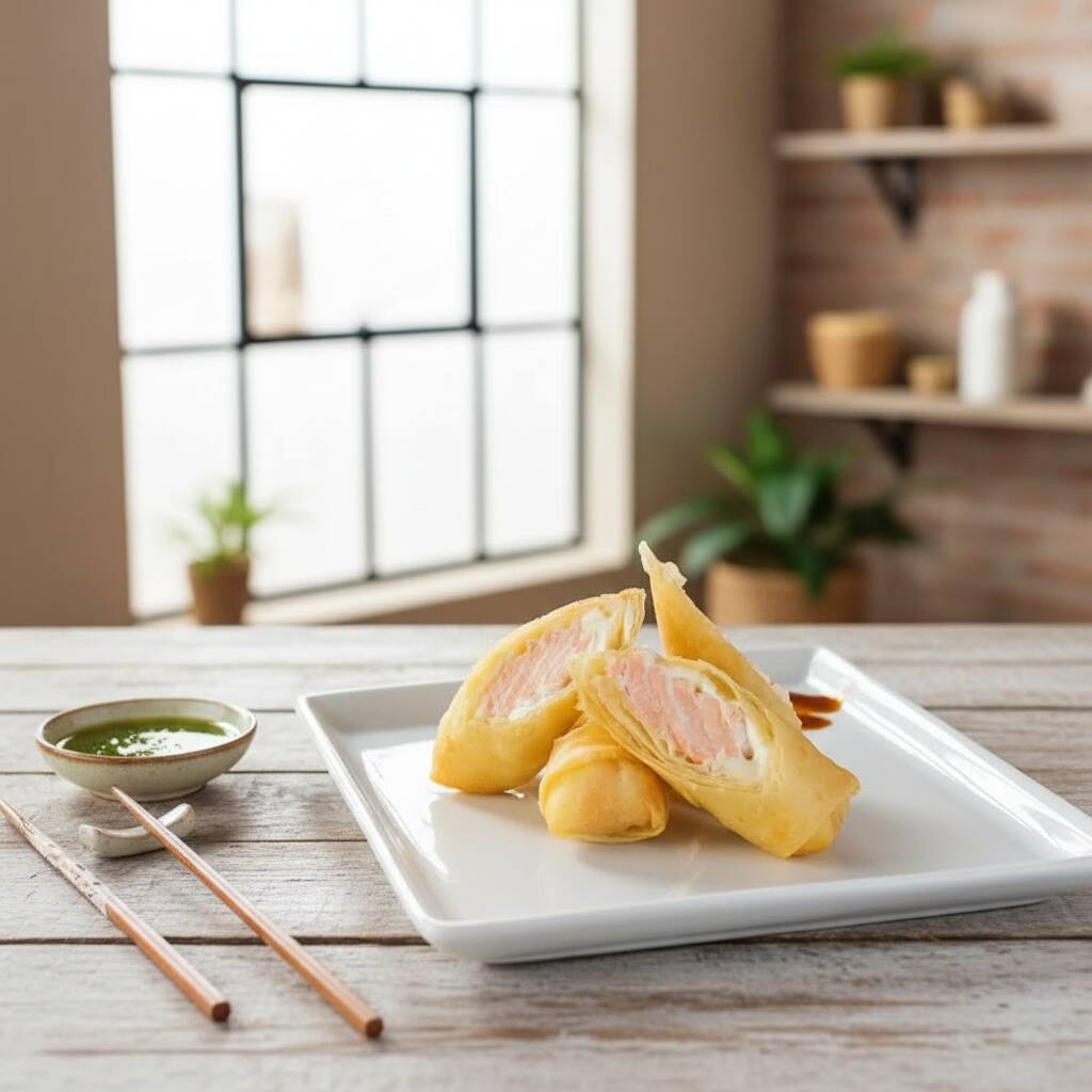 Massa de harumaki com recheio de salmão, creme cheese e cebolinha. Acompanha molho agridoce.