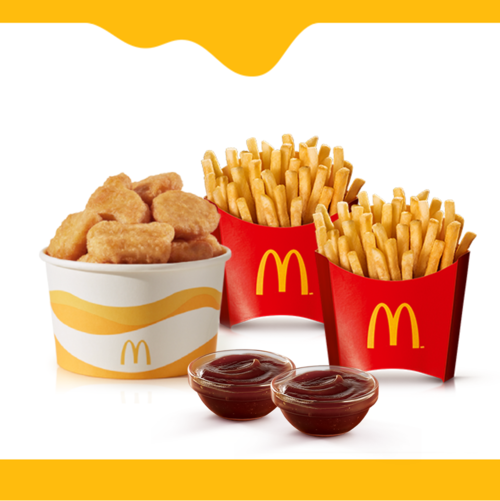 Ótima opção para você compartilhar com quem preferir #Méquinosofá. Nesta promoção você leva, 15 (quinze) Chicken McNuggets, 2 (duas) McFritas Médias e 4 molhos entre as opções: Agridoce, Barbecue, Caipira e Ranch. IMAGEM MERAMENTE ILUSTRATIVA.