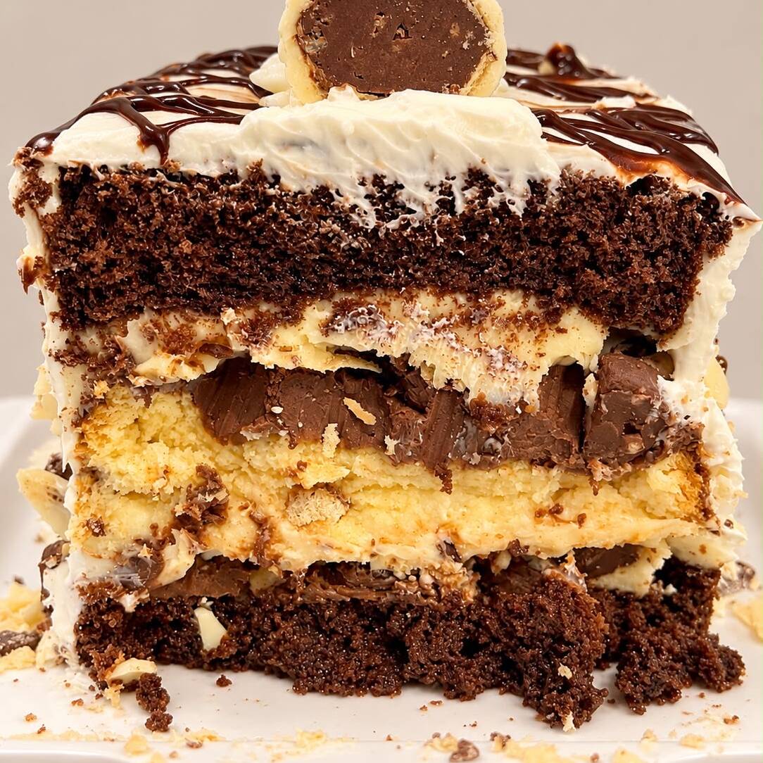 Massa de baunilha e chocolate , super recheada com um creme de chocolate branco com pedaços de bombom ouro branco e creme de chocolate.