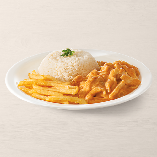 Delicioso estrogonofe de frango com arroz e fritas.