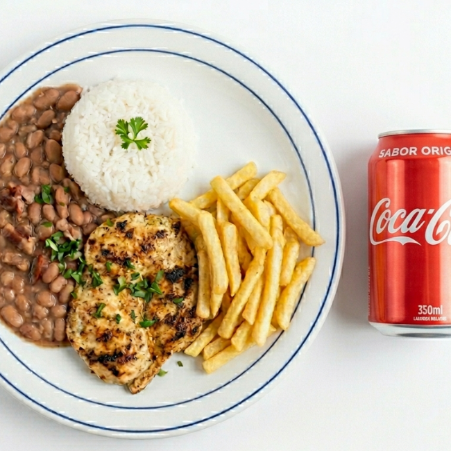 Nosso tradicional prato de arroz com feijão, servido com um frango grelhado no ponto certo da suculência e batatas fritas bem crocantes. Impossível resistir, peça já a sua. Acompanha refrigerante de 350ml. Serve 1 pessoa
