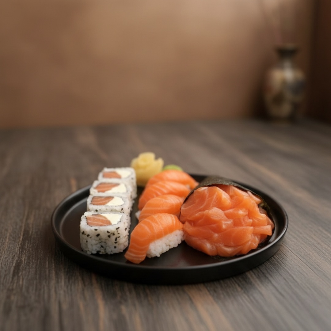 1- temaki salmão, 4- uramaki Filadélfia, 4niguiri salmão