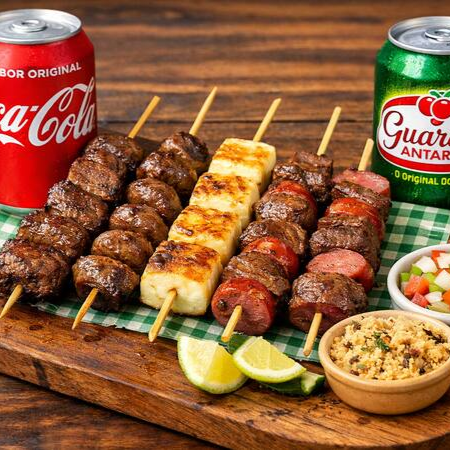 8 espetinhos da sua escolha e 2 pacote de farofa