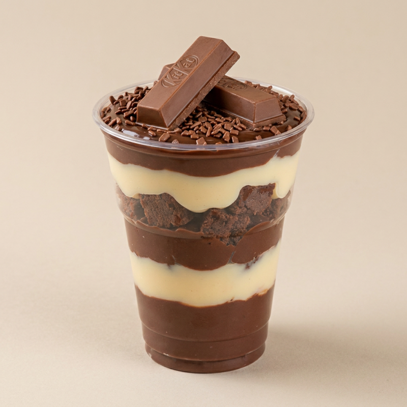 Brigadeiro de Chocolate, Brigadeiro de Ninho, Brownie e Kit Kat. Copo com 200ml