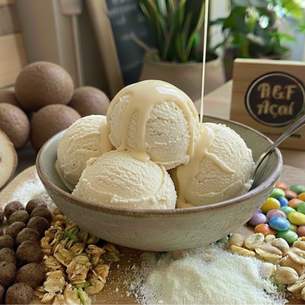 Leite em pó, granola, 2 fruta , leite condensado , bolinha de cereal ,Confete, jujuba e calda *Obs: Se não quiser granola pode substituir por amendoim, paçoca ou farinha lactea. Informar na observação! Se não, vai conforme esta descrito acima