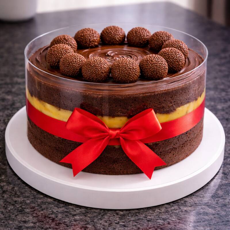 Um bolo simples, bonito e cheio de sabor. Massa de chocolate bem fofinha ou baunilha, recheado com um brigadeiro cremoso de maracujá que dá aquele contraste perfeito. Por cima, brigadeiros de chocolate fechando o círculo e deixando tudo ainda mais irresistível. Montado na cinta de acetato para valorizar as camadas e dar aquele visual lindo que dá vontade de comer só de olhar.