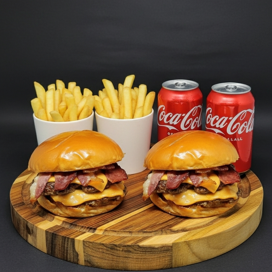 Delicie-se com o nosso combo 'Duplo Smash Bacon', um dos mais vendidos! Ele é composto por um irresistível pão brioche tostadinho, duplamente recheado com duas saborosas carnes smash de 100g cada, cuidadosamente seladas para manter todo o suculento sabor. Acrescentamos duas generosas fatias de queijo Cheddar Polenghi, derretido na medida certa, e uma porção de bacon em cubos, crocantes e bem temperados. Para finalizar, nosso exclusivo Molho inigualável ao prato. Acompanha batatas fritas sequinhas e um refrigerante gelado para completar a sua refeição. Aproveite este super desconto!