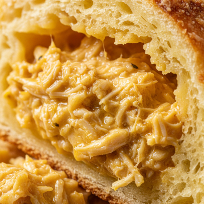 Um pão de queijo recheado com frango desfiado, ideal para matar a fome.