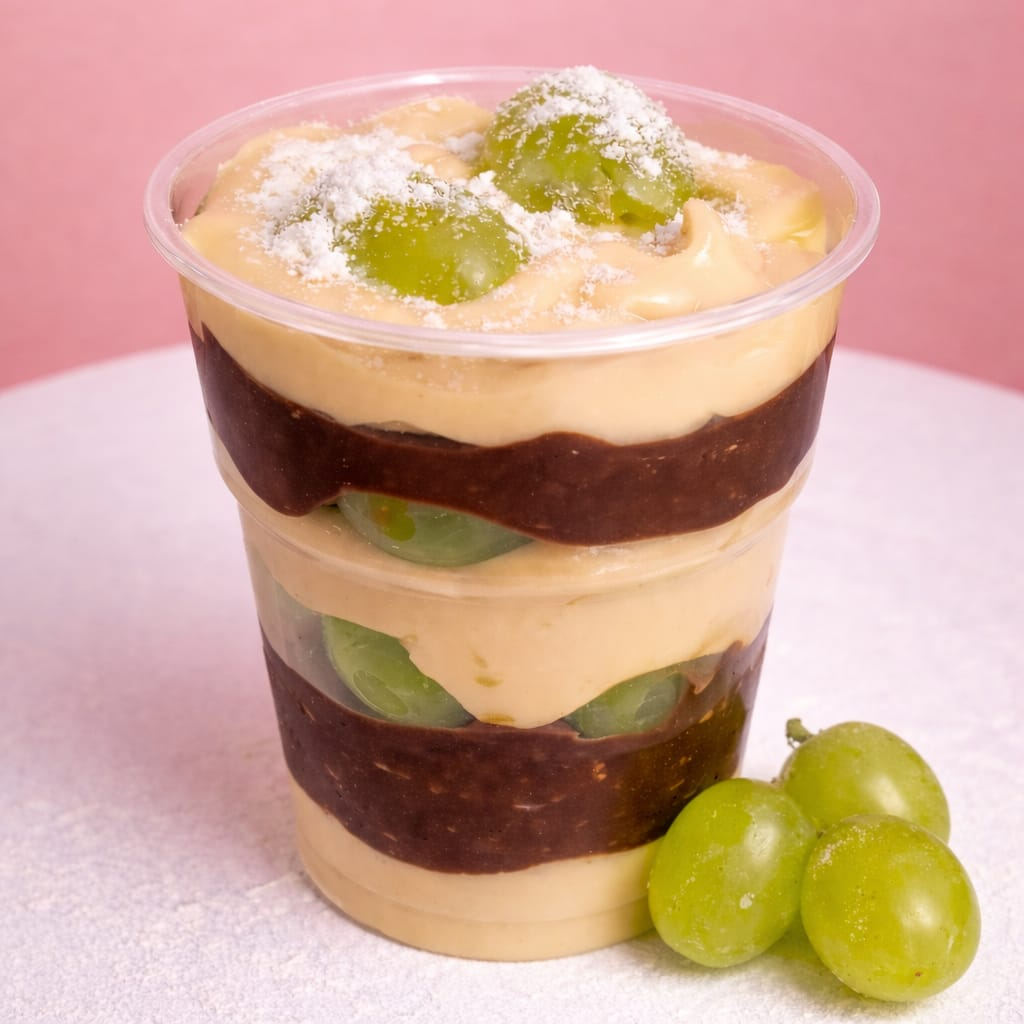 Copo da Felicidade de Uva Camadas de uvas fresquinhas e suculentas, brigadeiro branco bem cremoso e brigadeiro de chocolate intenso. Uma explosão de sabor equilibrando o doce com o frescor da fruta, perfeito para adoçar seu dia. 🤍🍇🍫