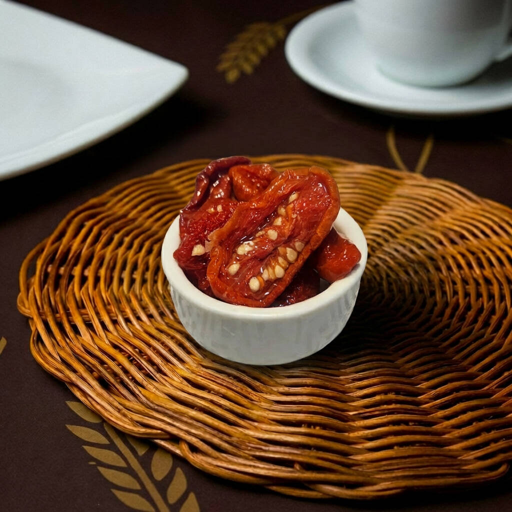 Sabor intenso, textura suculenta e aquele toque mediterrâneo! Nossos tomates secos são cuidadosamente desidratados, preservando o sabor adocicado e marcante do fruto maduro. Ideais para saladas, sanduíches, tapiocas e massas, trazem um toque gourmet irresistível para qualquer refeição. • Diferencial: tomates selecionados e desidratados lentamente, com azeite e ervas aromáticas. • Ideal para: quem busca sabor marcante e qualidade artesanal. • Alergênicos: pode conter traços de glúten.