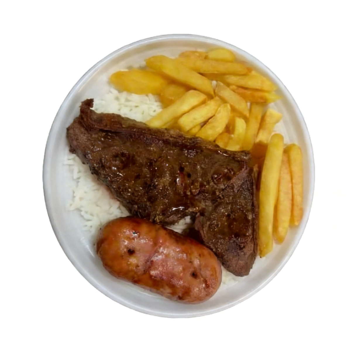 Arroz, feijão, picanha, linguiça ou frango e batata frita