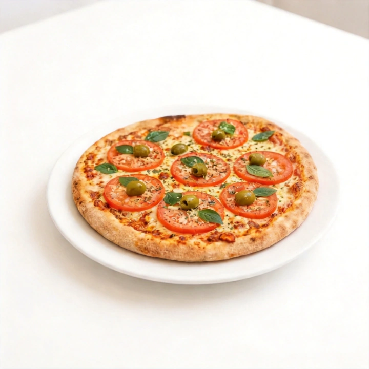 Nosso tradicional molho de tomate, muçarela, tomate em rodelas, parmesão, manjericão, orégano e azeitonas.