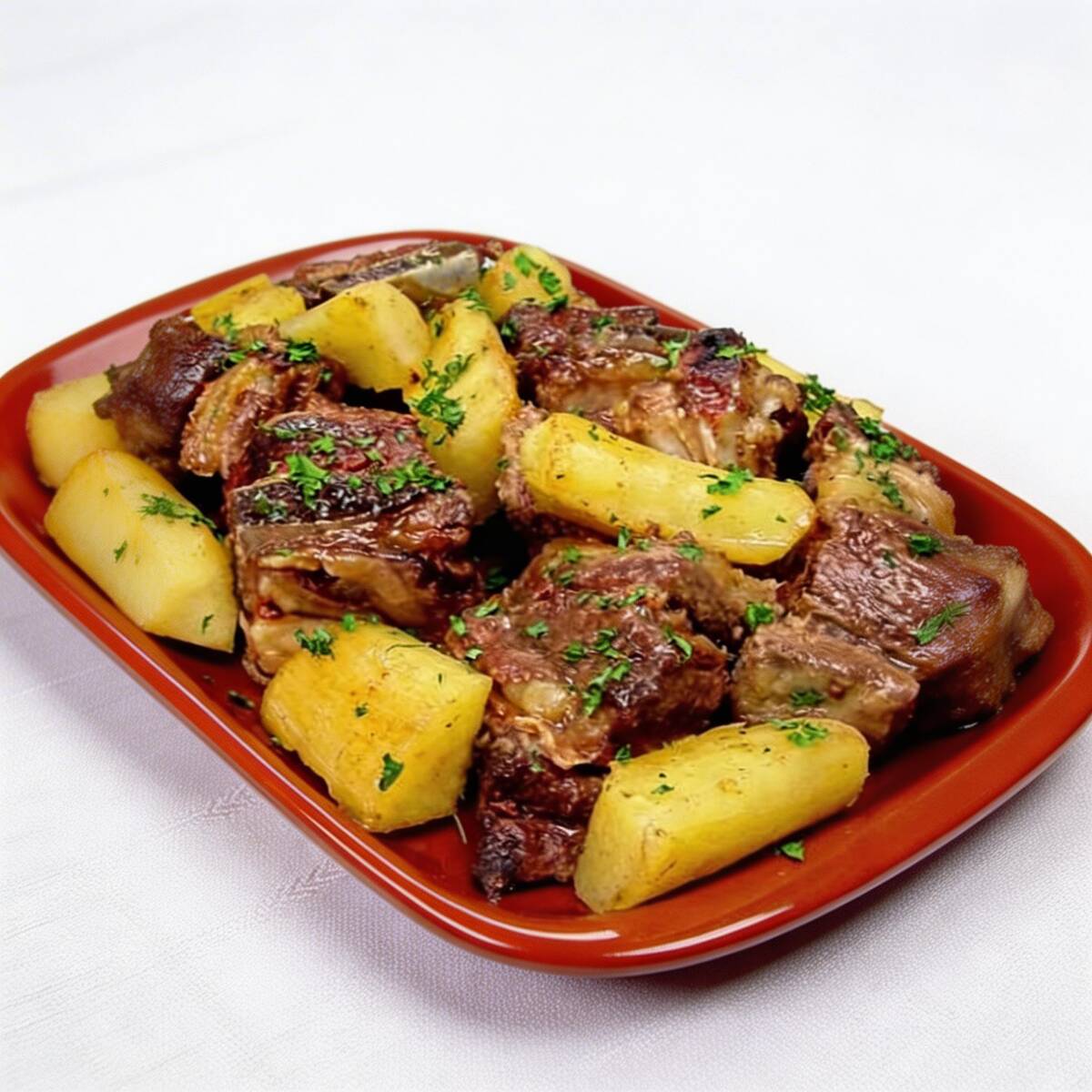 Costela cozida, mandioca, arroz e feijão.