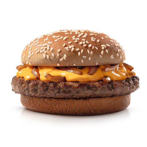 Um hambúrguer (100% carne bovina), molho lácteo com queijo tipo cheddar, cebola ao molho shoyu e pão escuro com gergelim.