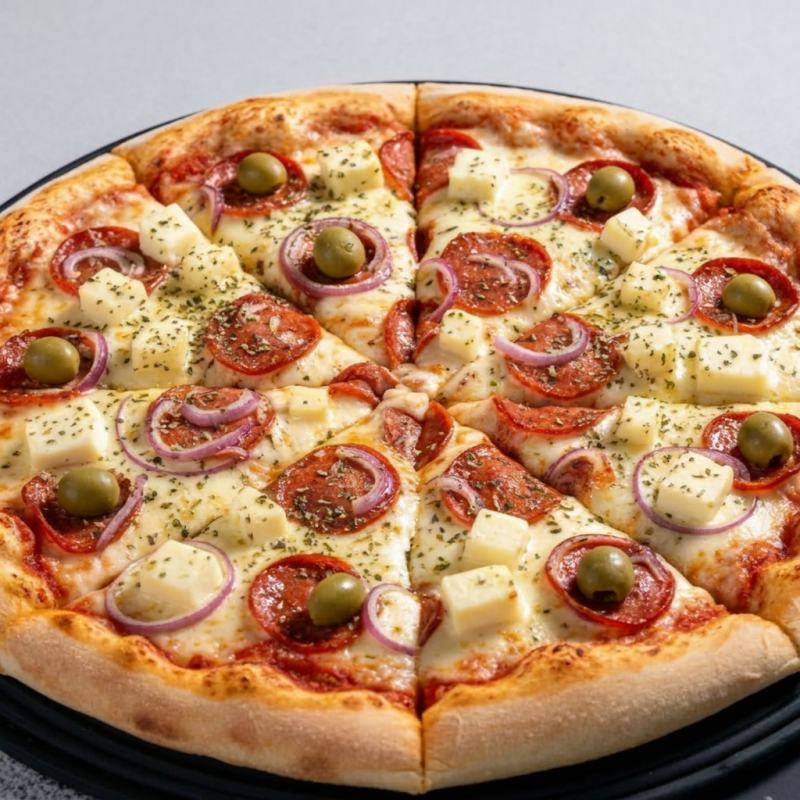 molho de tomate,mussarela, calabresa, azeitona, tomate, cebola, provolone e orégano